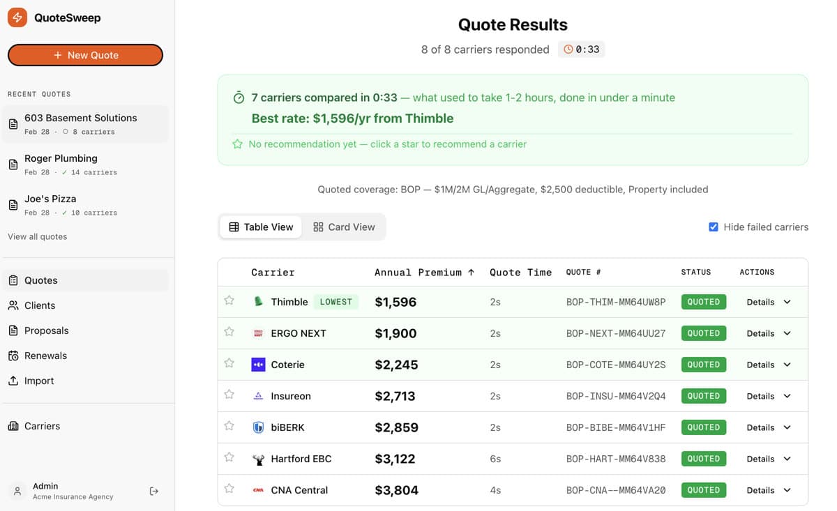 QuoteSweep product dashboard showing multi-carrier quoting