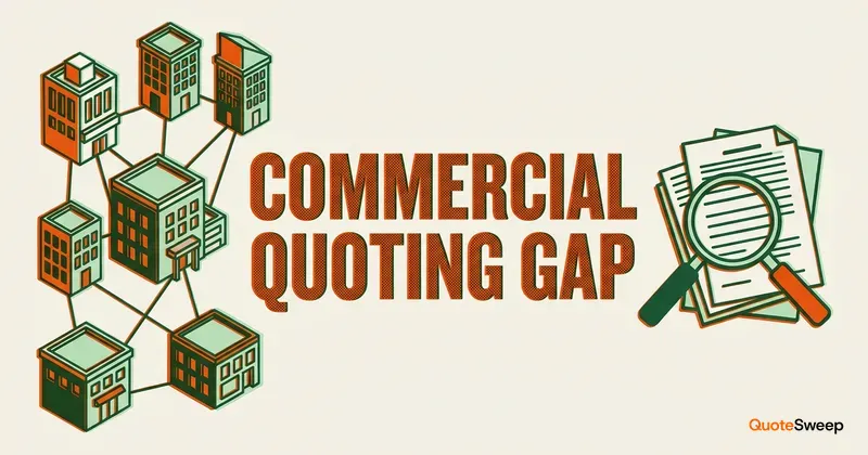 Agency network commercial quoting gap illustration with connected buildings and magnifying glass