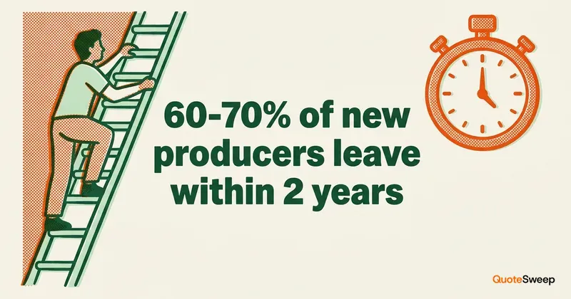 New commercial insurance producer survival statistics with climbing figure and stopwatch illustration