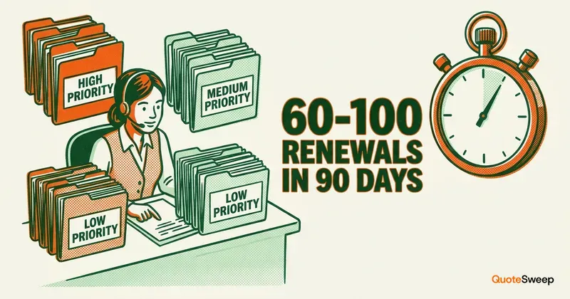 Insurance renewal season workflow showing CSR managing multiple commercial policy renewals with time management focus