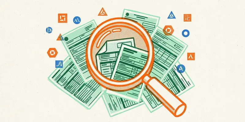Magnifying glass examining documents representing specialty insurance carrier research
